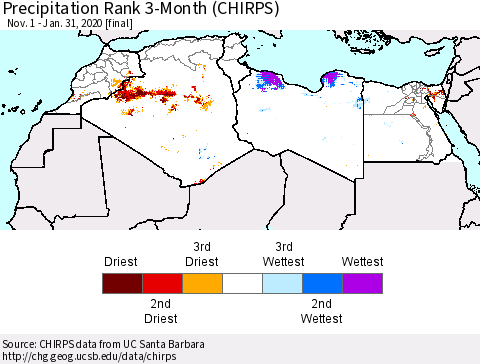 North Africa Precipitation Rank since 1981, 3-Month (CHIRPS) Thematic Map For 11/1/2019 - 1/31/2020