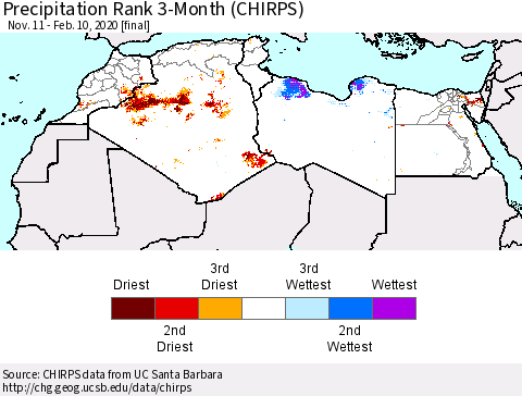 North Africa Precipitation Rank since 1981, 3-Month (CHIRPS) Thematic Map For 11/11/2019 - 2/10/2020