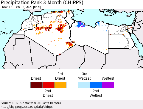 North Africa Precipitation Rank since 1981, 3-Month (CHIRPS) Thematic Map For 11/16/2019 - 2/15/2020