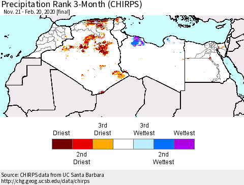 North Africa Precipitation Rank since 1981, 3-Month (CHIRPS) Thematic Map For 11/21/2019 - 2/20/2020