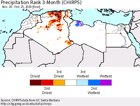 North Africa Precipitation Rank since 1981, 3-Month (CHIRPS) Thematic Map For 11/26/2019 - 2/25/2020