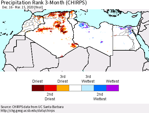North Africa Precipitation Rank since 1981, 3-Month (CHIRPS) Thematic Map For 12/16/2019 - 3/15/2020