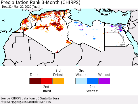 North Africa Precipitation Rank since 1981, 3-Month (CHIRPS) Thematic Map For 12/21/2019 - 3/20/2020