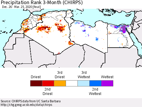 North Africa Precipitation Rank since 1981, 3-Month (CHIRPS) Thematic Map For 12/26/2019 - 3/25/2020