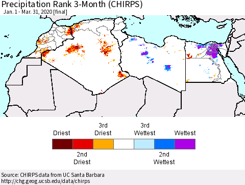 North Africa Precipitation Rank since 1981, 3-Month (CHIRPS) Thematic Map For 1/1/2020 - 3/31/2020