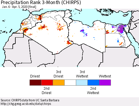 North Africa Precipitation Rank since 1981, 3-Month (CHIRPS) Thematic Map For 1/6/2020 - 4/5/2020