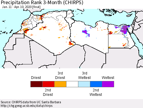 North Africa Precipitation Rank since 1981, 3-Month (CHIRPS) Thematic Map For 1/11/2020 - 4/10/2020