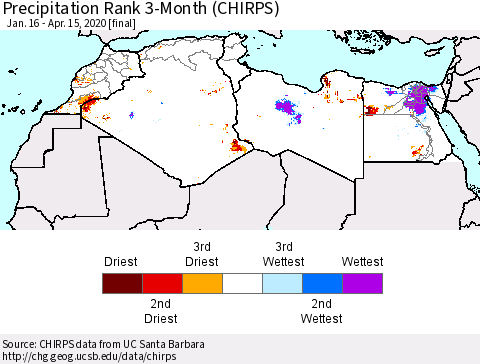 North Africa Precipitation Rank since 1981, 3-Month (CHIRPS) Thematic Map For 1/16/2020 - 4/15/2020