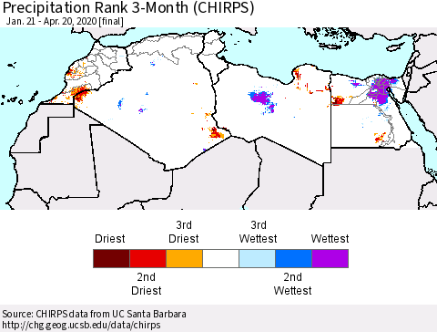 North Africa Precipitation Rank since 1981, 3-Month (CHIRPS) Thematic Map For 1/21/2020 - 4/20/2020