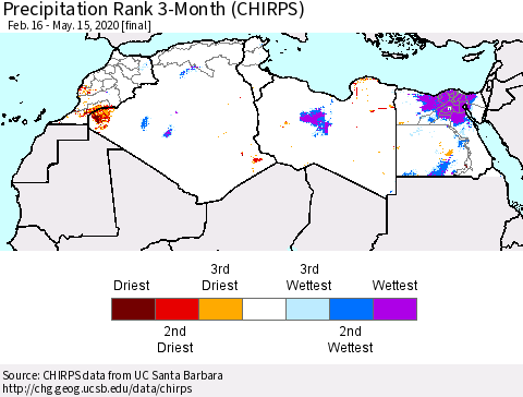 North Africa Precipitation Rank since 1981, 3-Month (CHIRPS) Thematic Map For 2/16/2020 - 5/15/2020