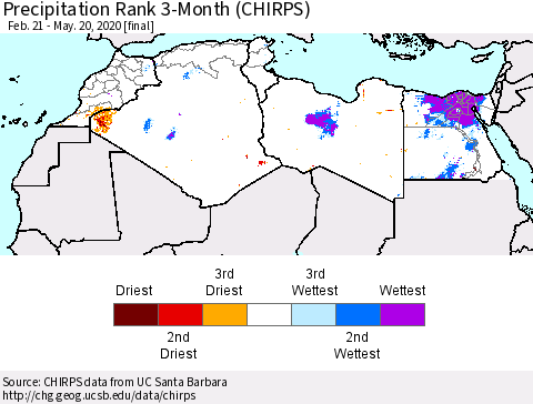 North Africa Precipitation Rank since 1981, 3-Month (CHIRPS) Thematic Map For 2/21/2020 - 5/20/2020
