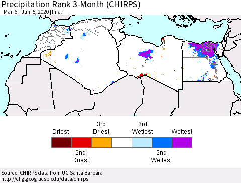 North Africa Precipitation Rank since 1981, 3-Month (CHIRPS) Thematic Map For 3/6/2020 - 6/5/2020