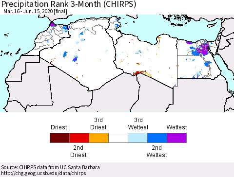 North Africa Precipitation Rank since 1981, 3-Month (CHIRPS) Thematic Map For 3/16/2020 - 6/15/2020