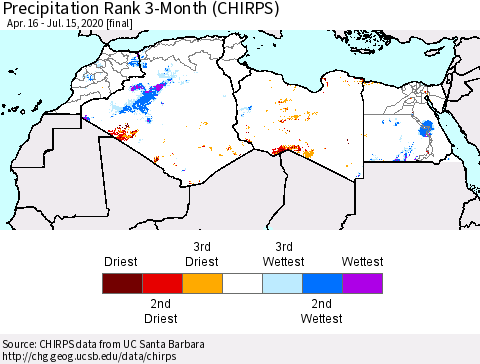 North Africa Precipitation Rank since 1981, 3-Month (CHIRPS) Thematic Map For 4/16/2020 - 7/15/2020