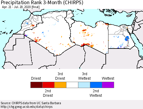 North Africa Precipitation Rank since 1981, 3-Month (CHIRPS) Thematic Map For 4/21/2020 - 7/20/2020