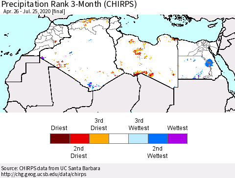 North Africa Precipitation Rank since 1981, 3-Month (CHIRPS) Thematic Map For 4/26/2020 - 7/25/2020
