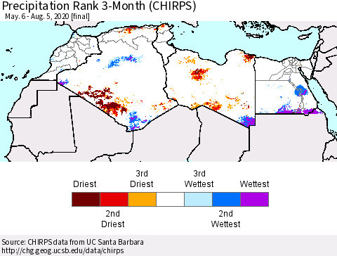 North Africa Precipitation Rank since 1981, 3-Month (CHIRPS) Thematic Map For 5/6/2020 - 8/5/2020