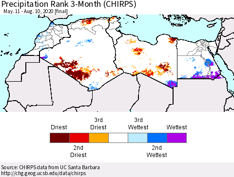 North Africa Precipitation Rank since 1981, 3-Month (CHIRPS) Thematic Map For 5/11/2020 - 8/10/2020