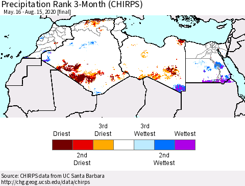North Africa Precipitation Rank since 1981, 3-Month (CHIRPS) Thematic Map For 5/16/2020 - 8/15/2020