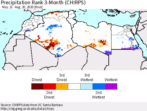 North Africa Precipitation Rank since 1981, 3-Month (CHIRPS) Thematic Map For 5/21/2020 - 8/20/2020