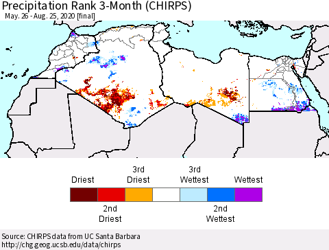 North Africa Precipitation Rank since 1981, 3-Month (CHIRPS) Thematic Map For 5/26/2020 - 8/25/2020