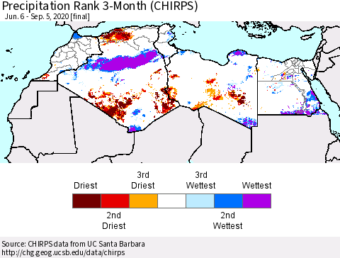 North Africa Precipitation Rank since 1981, 3-Month (CHIRPS) Thematic Map For 6/6/2020 - 9/5/2020