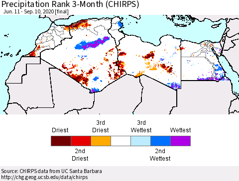 North Africa Precipitation Rank since 1981, 3-Month (CHIRPS) Thematic Map For 6/11/2020 - 9/10/2020