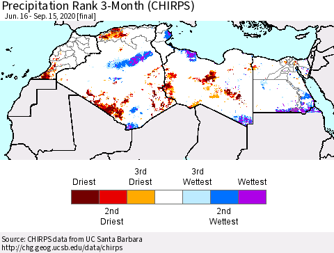 North Africa Precipitation Rank since 1981, 3-Month (CHIRPS) Thematic Map For 6/16/2020 - 9/15/2020