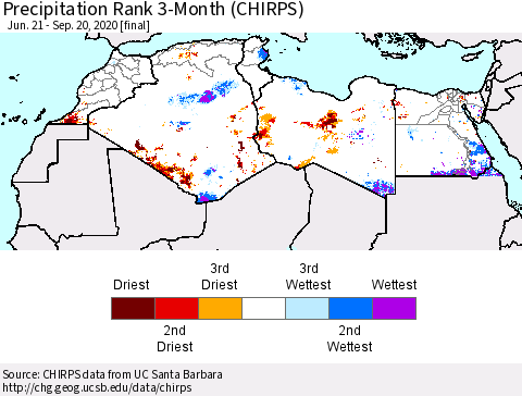 North Africa Precipitation Rank since 1981, 3-Month (CHIRPS) Thematic Map For 6/21/2020 - 9/20/2020