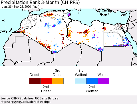 North Africa Precipitation Rank since 1981, 3-Month (CHIRPS) Thematic Map For 6/26/2020 - 9/25/2020