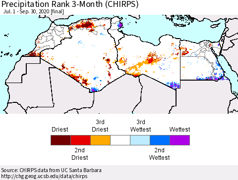 North Africa Precipitation Rank since 1981, 3-Month (CHIRPS) Thematic Map For 7/1/2020 - 9/30/2020