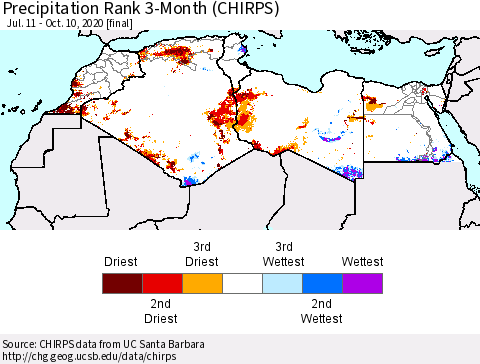 North Africa Precipitation Rank since 1981, 3-Month (CHIRPS) Thematic Map For 7/11/2020 - 10/10/2020
