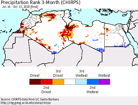 North Africa Precipitation Rank since 1981, 3-Month (CHIRPS) Thematic Map For 7/16/2020 - 10/15/2020