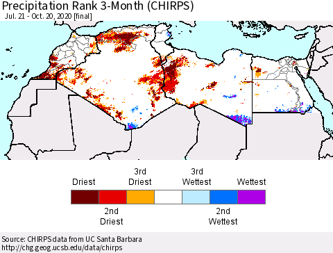 North Africa Precipitation Rank since 1981, 3-Month (CHIRPS) Thematic Map For 7/21/2020 - 10/20/2020