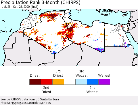 North Africa Precipitation Rank since 1981, 3-Month (CHIRPS) Thematic Map For 7/26/2020 - 10/25/2020