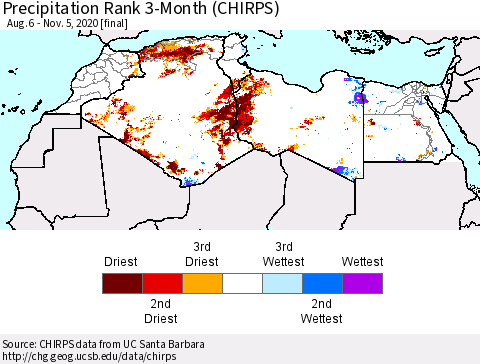 North Africa Precipitation Rank since 1981, 3-Month (CHIRPS) Thematic Map For 8/6/2020 - 11/5/2020