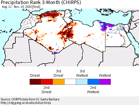 North Africa Precipitation Rank since 1981, 3-Month (CHIRPS) Thematic Map For 8/11/2020 - 11/10/2020