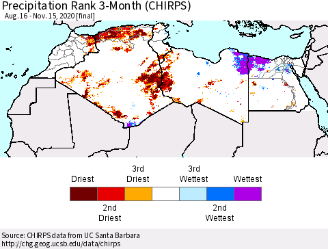 North Africa Precipitation Rank since 1981, 3-Month (CHIRPS) Thematic Map For 8/16/2020 - 11/15/2020