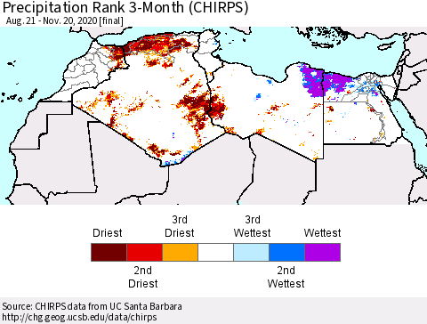 North Africa Precipitation Rank since 1981, 3-Month (CHIRPS) Thematic Map For 8/21/2020 - 11/20/2020