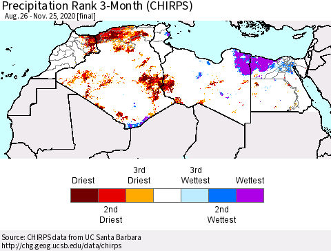 North Africa Precipitation Rank since 1981, 3-Month (CHIRPS) Thematic Map For 8/26/2020 - 11/25/2020