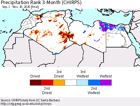 North Africa Precipitation Rank since 1981, 3-Month (CHIRPS) Thematic Map For 9/1/2020 - 11/30/2020