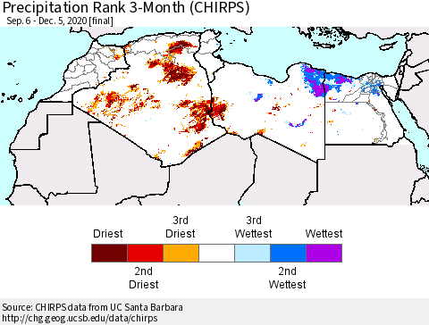 North Africa Precipitation Rank since 1981, 3-Month (CHIRPS) Thematic Map For 9/6/2020 - 12/5/2020