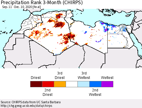 North Africa Precipitation Rank since 1981, 3-Month (CHIRPS) Thematic Map For 9/11/2020 - 12/10/2020