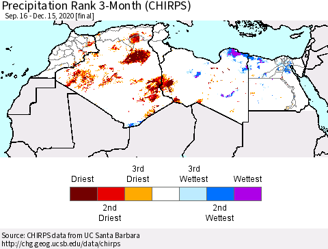North Africa Precipitation Rank since 1981, 3-Month (CHIRPS) Thematic Map For 9/16/2020 - 12/15/2020