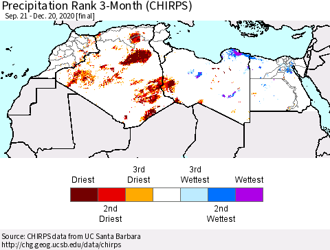 North Africa Precipitation Rank since 1981, 3-Month (CHIRPS) Thematic Map For 9/21/2020 - 12/20/2020