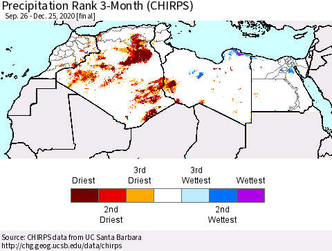 North Africa Precipitation Rank since 1981, 3-Month (CHIRPS) Thematic Map For 9/26/2020 - 12/25/2020