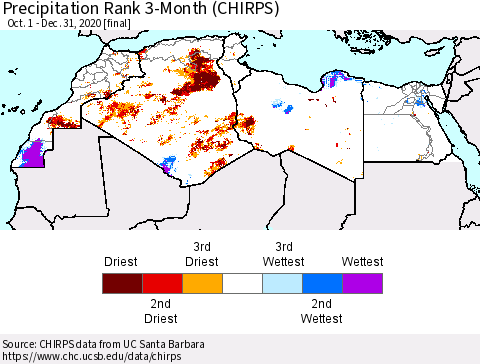 North Africa Precipitation Rank since 1981, 3-Month (CHIRPS) Thematic Map For 10/1/2020 - 12/31/2020
