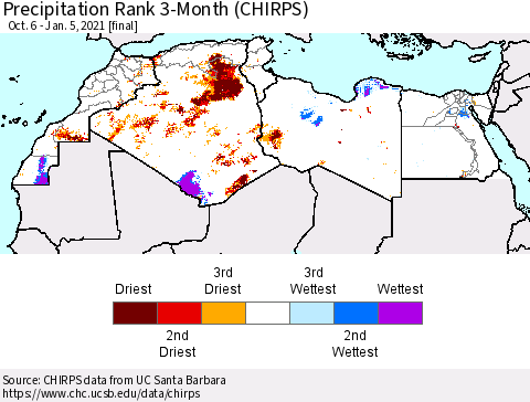 North Africa Precipitation Rank since 1981, 3-Month (CHIRPS) Thematic Map For 10/6/2020 - 1/5/2021