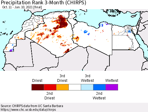 North Africa Precipitation Rank since 1981, 3-Month (CHIRPS) Thematic Map For 10/11/2020 - 1/10/2021