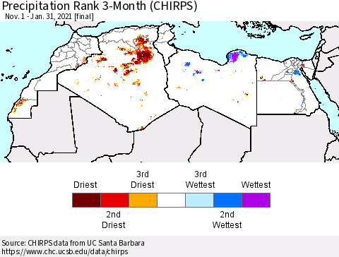 North Africa Precipitation Rank since 1981, 3-Month (CHIRPS) Thematic Map For 11/1/2020 - 1/31/2021